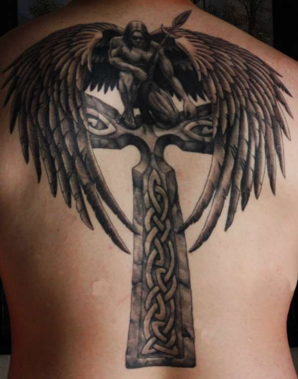 Black Ink Archangel Michael On Celtic Cross Tattoo On Full Back