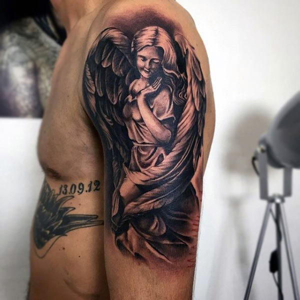 Black Ink Cute Lovable Guardian Angel Tattoo On Man Half Sleeve