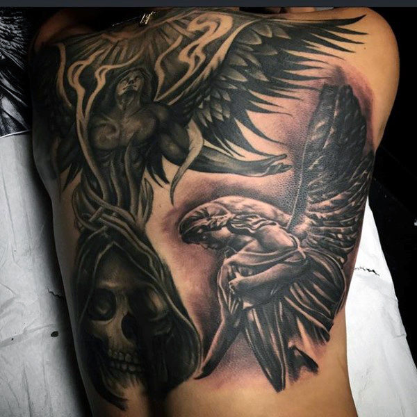 Black Ink Dark Protector Guardian Angel Tattoo With Skull On Full Back