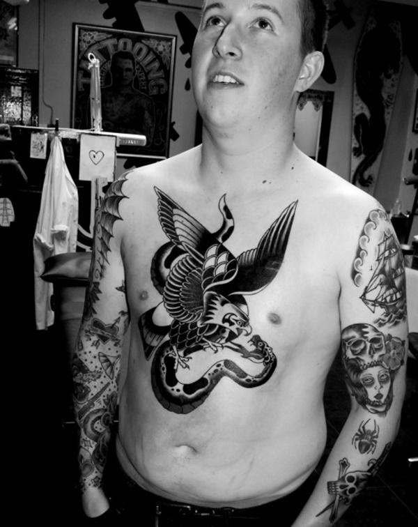 Black Ink Eagle & Snake Tattoo On Front Body