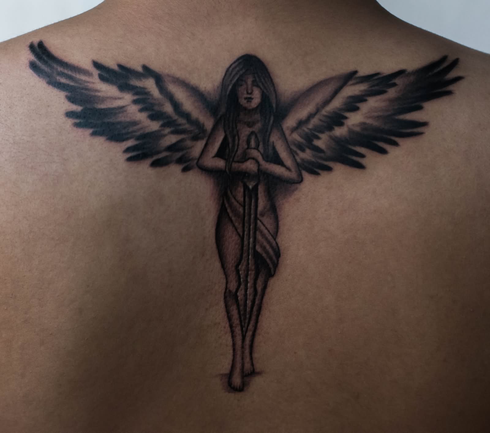 Black Ink Female Guardian Angel Tattoo On Back