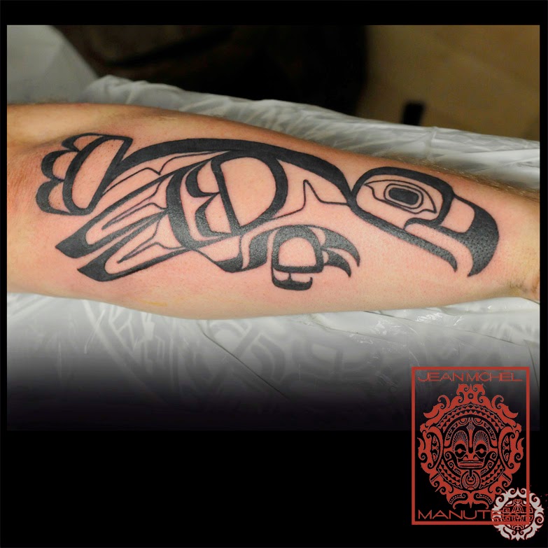 Black Ink Haida Eagle Tattoo On Forearm By Jean Michel Manutea