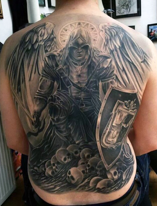 Black Ink Incredible Protector Guardian Angel Tattoo Design On Full Back For Men