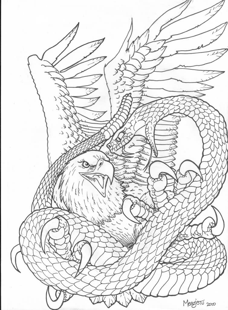 Black Ink Outline Bald Eagle & Snake Tattoo Design