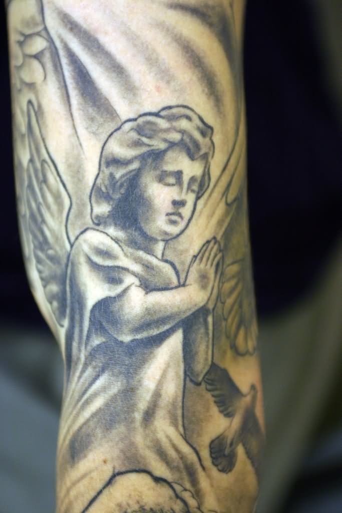 Black Ink Praying Cupid Cherub Tattoo Design For Sleeve