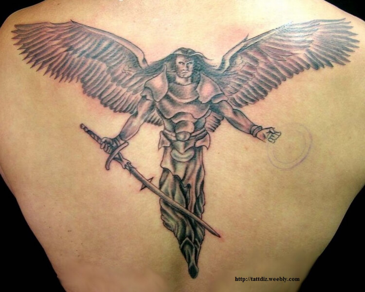 Black Ink Protector Guardian Angel With Sword Tattoo On Back