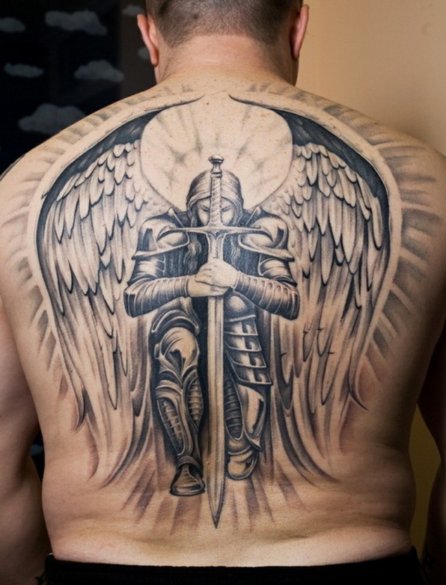 Black Ink Protector Guardian Angel With Sword Tattoo On Male Full Back