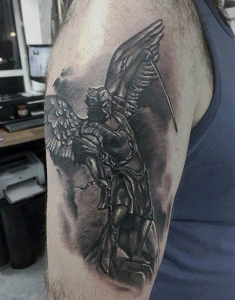 Black Ink Protector Male Fighting Guardian Angel Tattoo On Half Sleeve