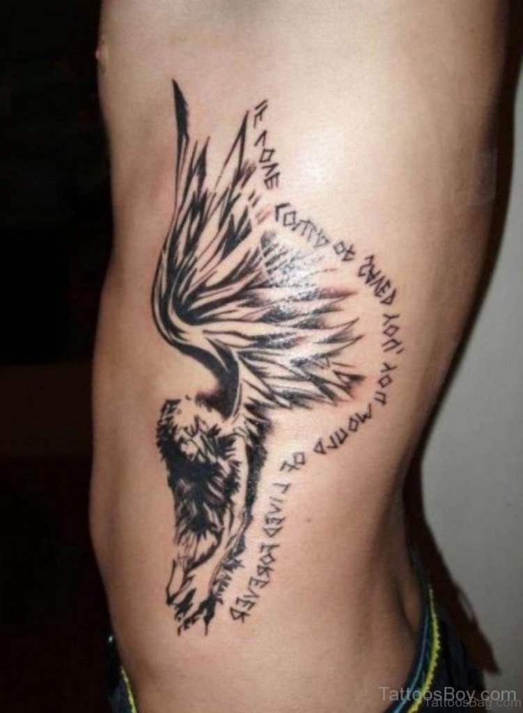 Black Ink Stylish Flying Angel With Wording Tattoo Design On Siderib