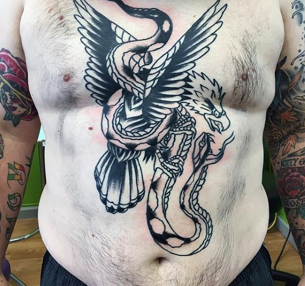 Black Ink Traditional Eagle & Snake Tattoo On Front Body
