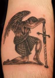 Black Ink Warrior Angel With Sword Tattoo On Calf