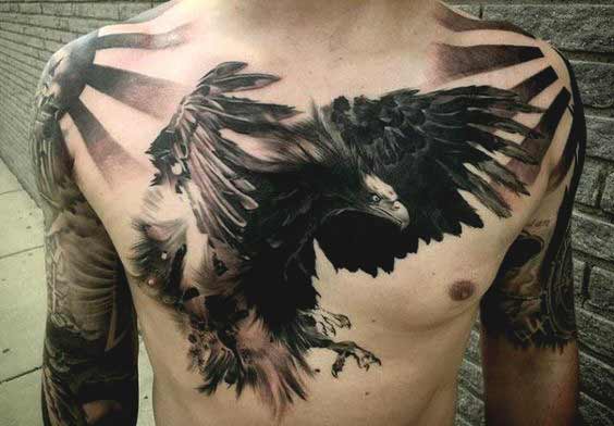 Black Ink Wild Flying Eagle Tattoo On Chest For Men