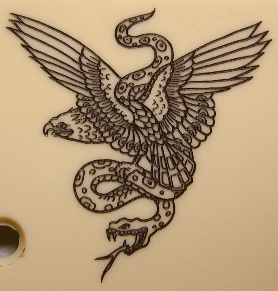 Black Outline Eagle & Snake Tattoo Design