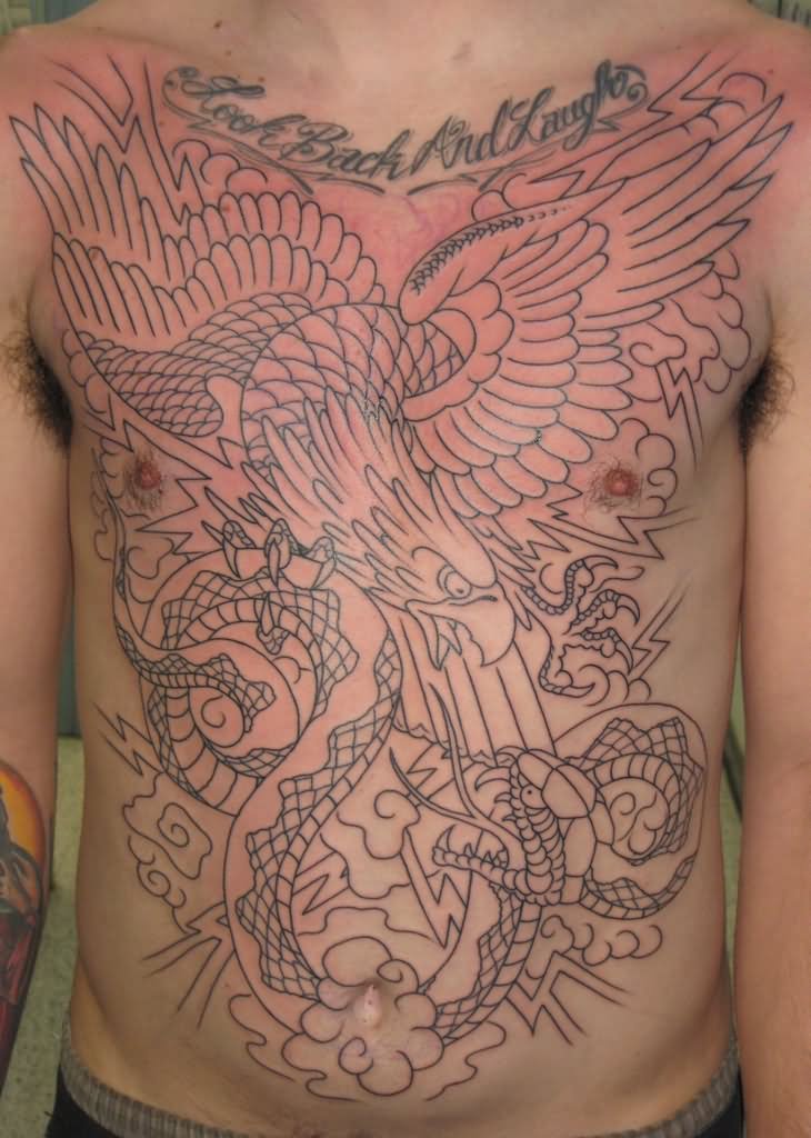 Black Outline Eagle & Snake Tattoo On Chest & Stomach