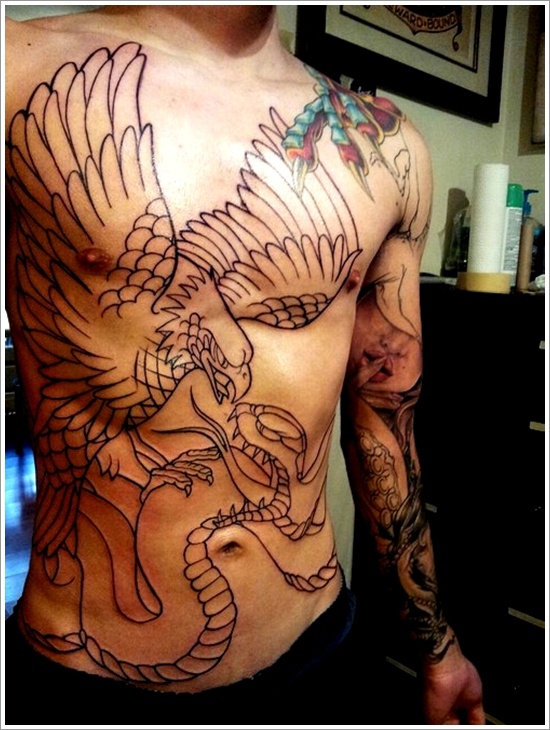 Black Outline Eagle & Snake Tattoo On Full Body