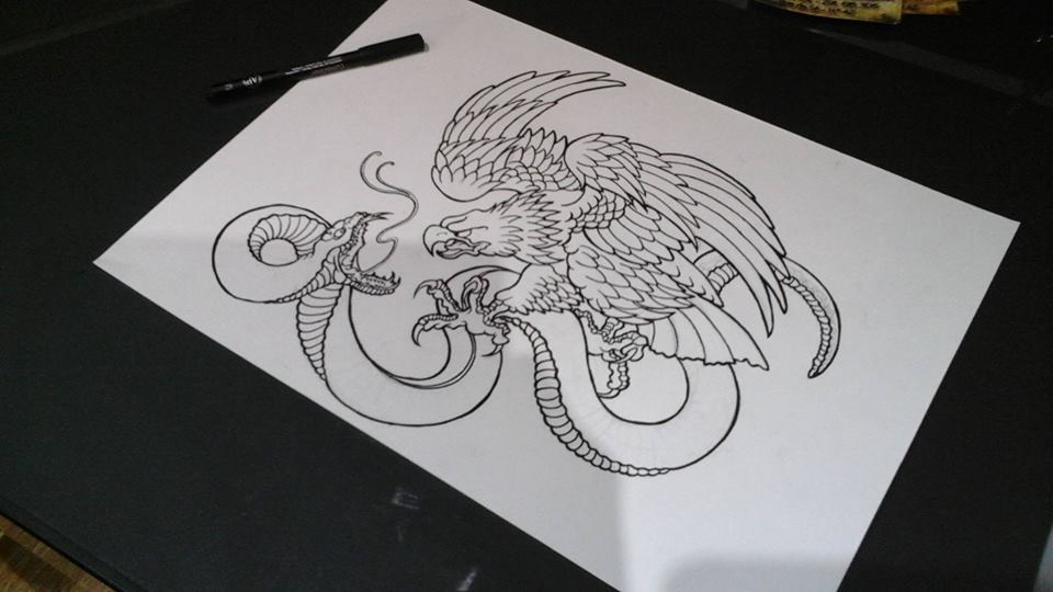 Black Outline Eagle Vs. Snake Tattoo Stencil