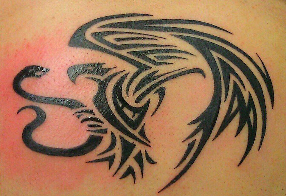 Black Tribal Eagle & Snake Tattoo Design