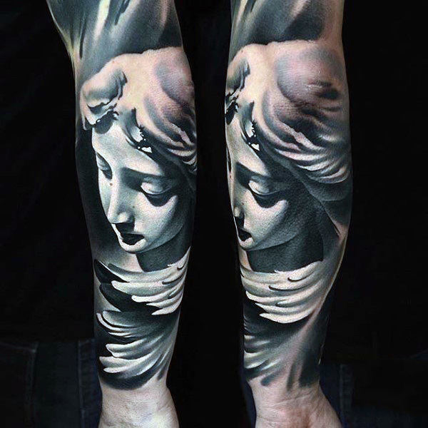 Black & White 3D Stone Sculpture Style Female Guardian Angel Tattoo On Forearm
