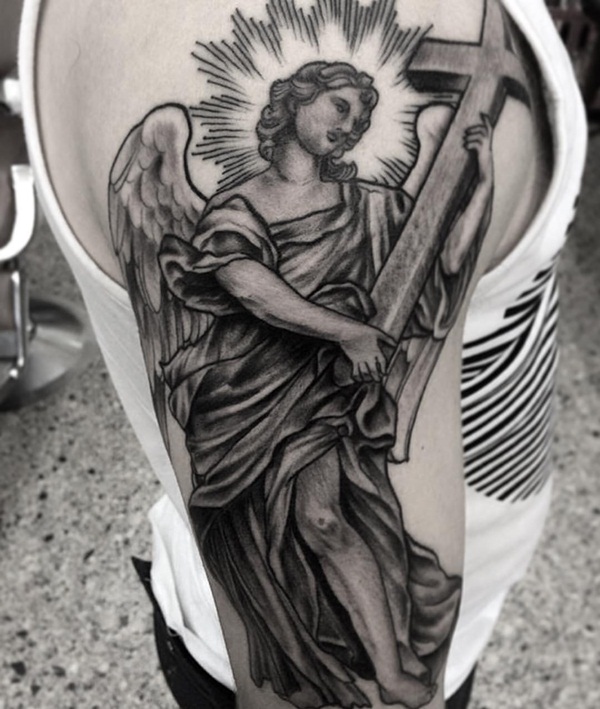 Black & White Angel With Cross Tattoo On half Sleeve