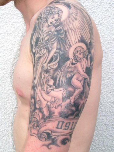 Black & White Angel With Cupid Cherub Tattoo On Half Sleeve