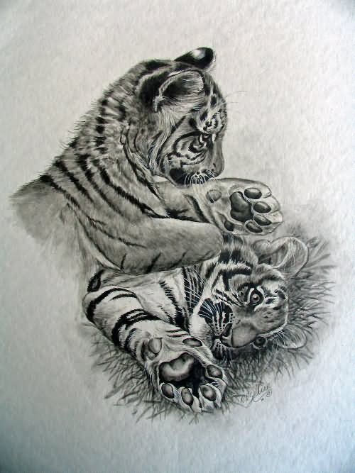Black & White Cute Realistic Playing Tiger Cubs Tattoo Design