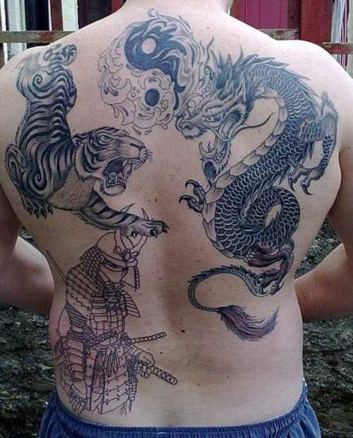 Black & White Dragon & DRagon Tattoo On Back For Men