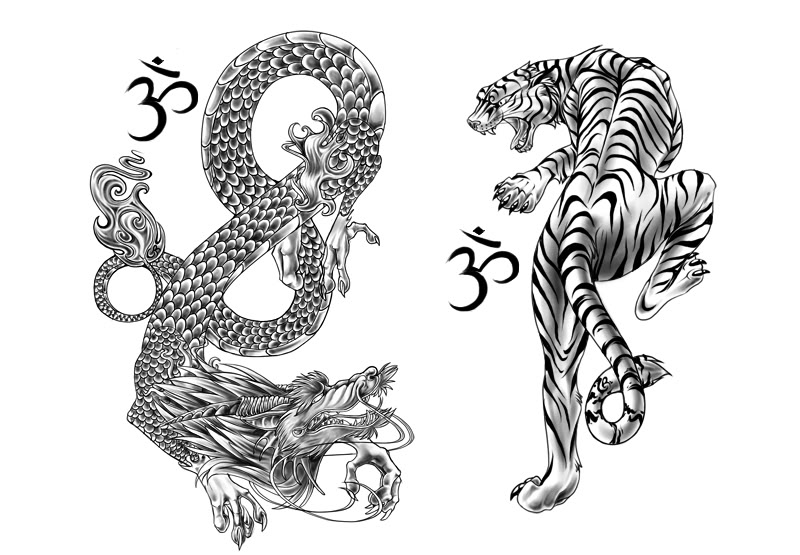 Black & White Dragon and Tiger Tattoo Design For Chest Or Back