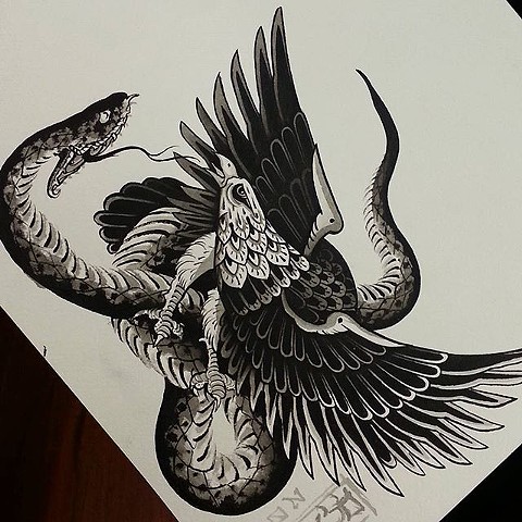 Black & White Eagle And Snake Battle Tattoo Design By Rob Junod Springfield Missouri Tattooer