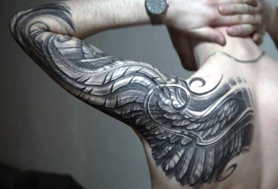 Black & White Eagle Wing Tattoo On Back Shoulder & Sleeve