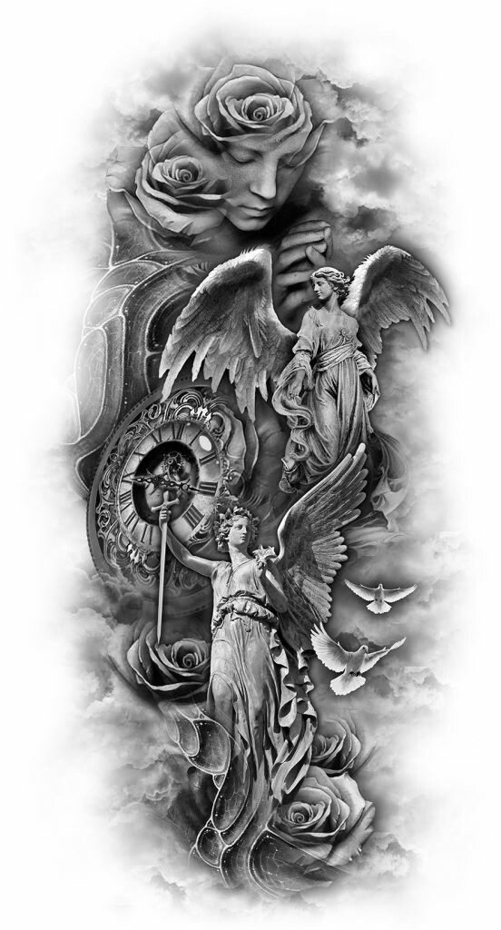 Black & White Grey Ink Angels With Watch & Doves Tattoo Design