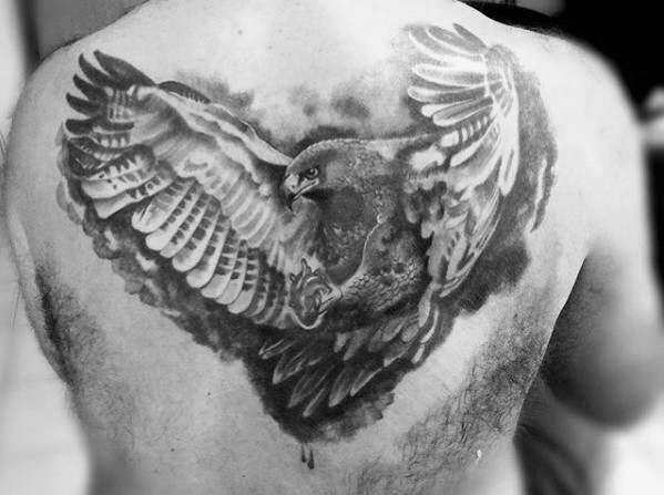 Black & White Grey Ink Flying Eagle Tattoo On Male Back