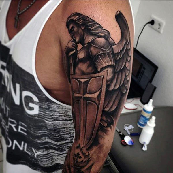Black & White Incredible Powerful Guardian Angel Tattoo Design On Half Sleeve For Men