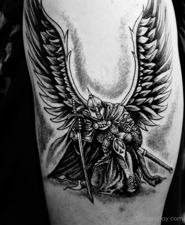 Black & White Open Winged Protector Guardian Angel With Sword Tattoo On Forearm