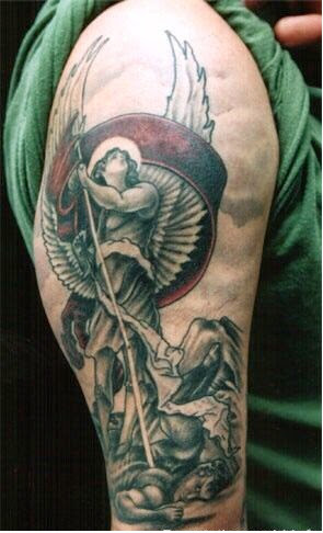 Black & White Protector Guardian Angel Tattoo On Man Half Sleeve With Red Ribbon