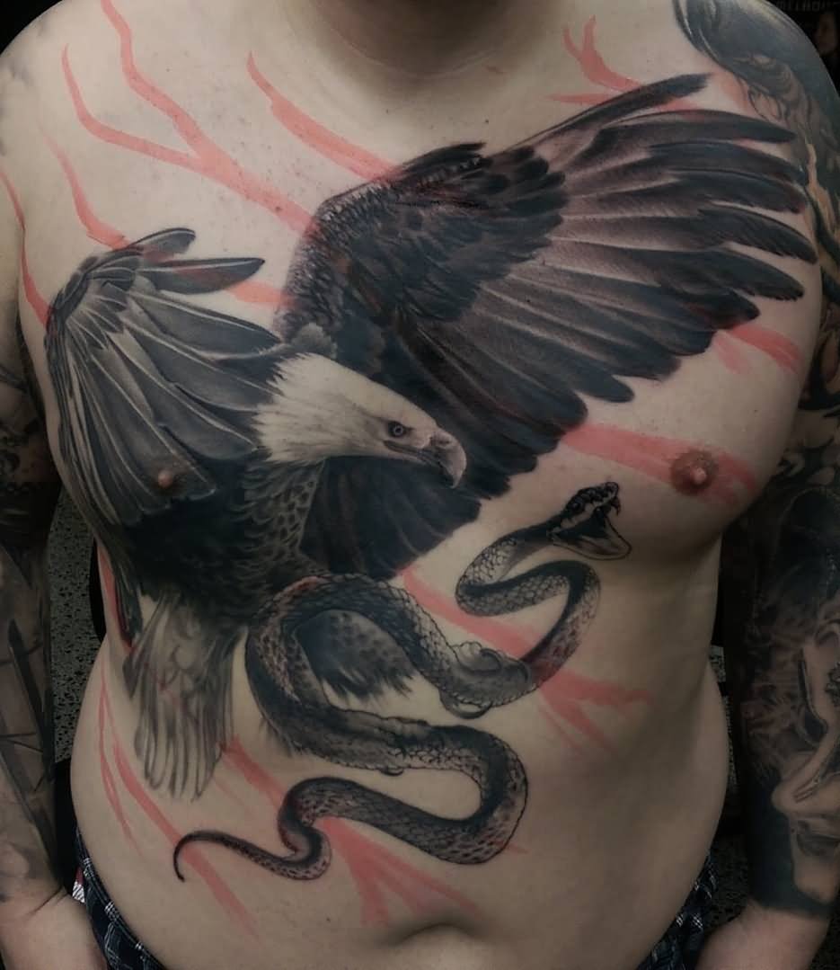 Black & White Realistic Bald Eagle & Snake Tattoo Design On Man Chest
