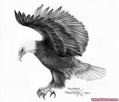 Black & White Realistic Flying Bald Eagle Tattoo Design