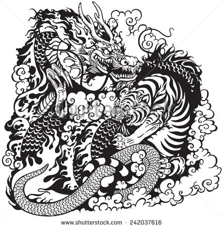 Black & White Tiger And Dragon Fight Tattoo Design