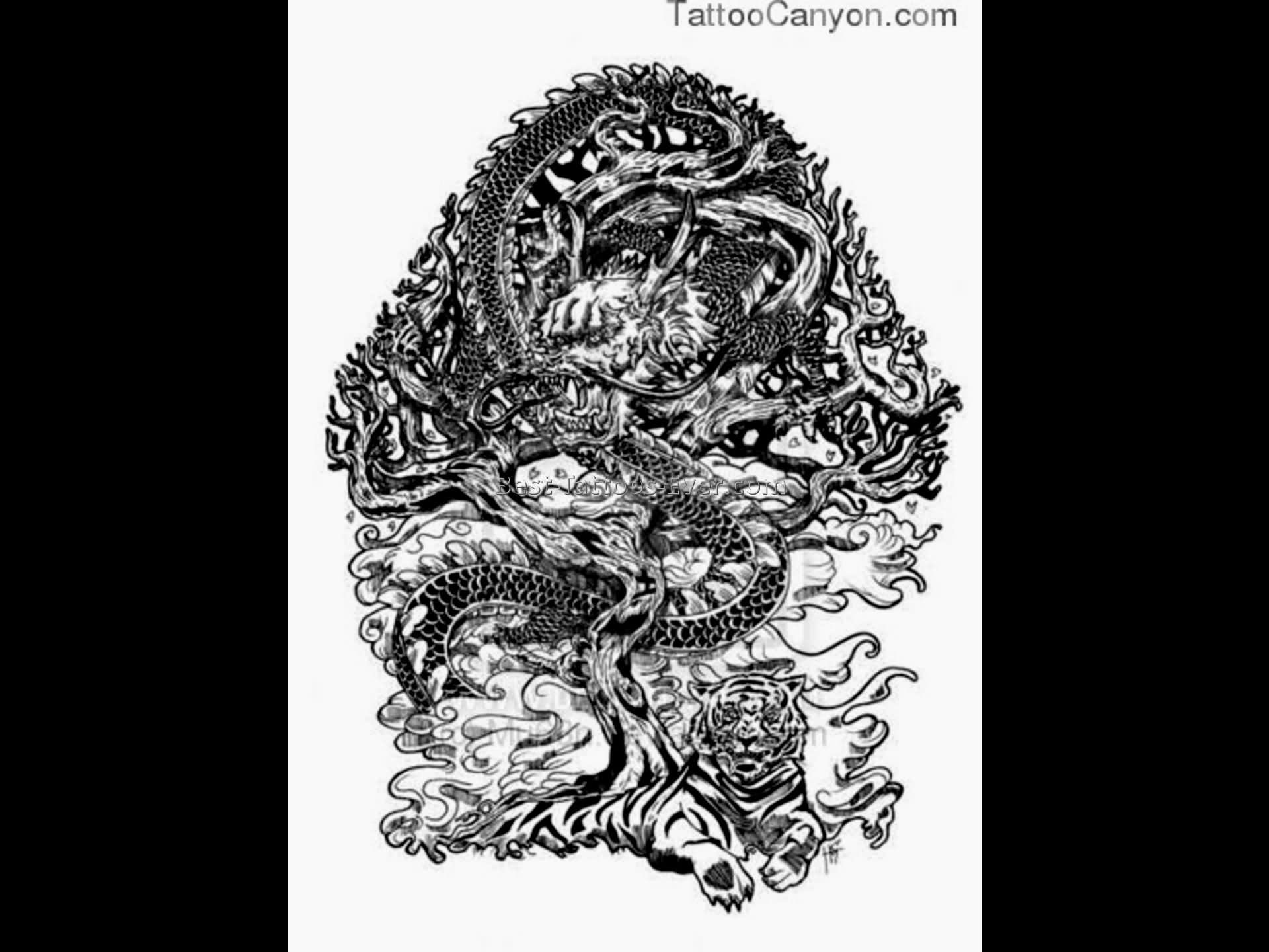 Black & White Tiger and Dragon Tattoo Design