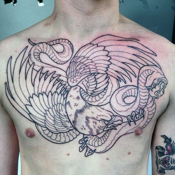Black Outline Snake & Eagle Tattoo Design On Man Chest