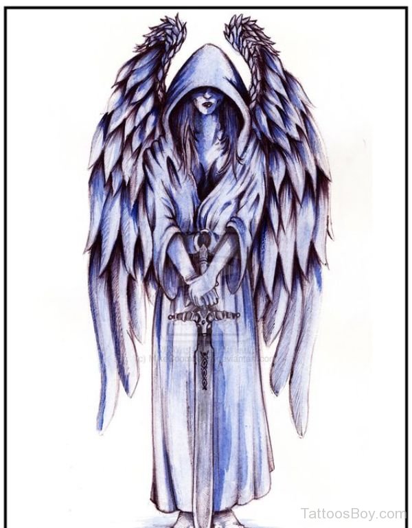 Blue Black Female Guardian Angel With Sword Tattoo Design