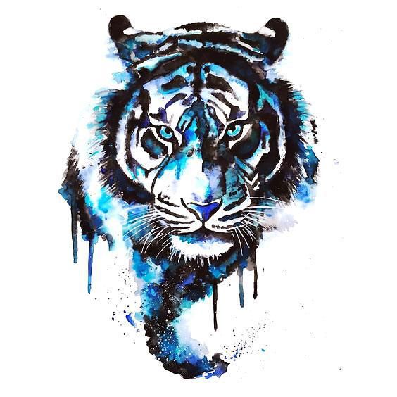 Blue Black Ink Colored Tiger Head Tattoo Design