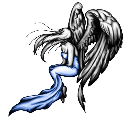 Blue & Black Ink Girl Angel Tattoo Design
