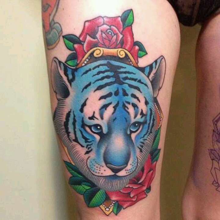 Blue colored Colorful Tiger With Flowers Tattoo On Thigh