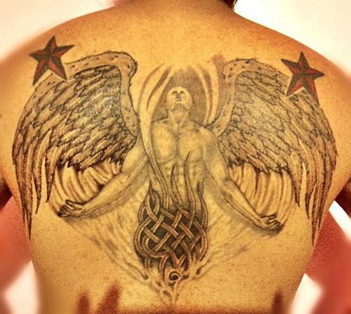 Celtic Star Angel Tattoo On Back For Men