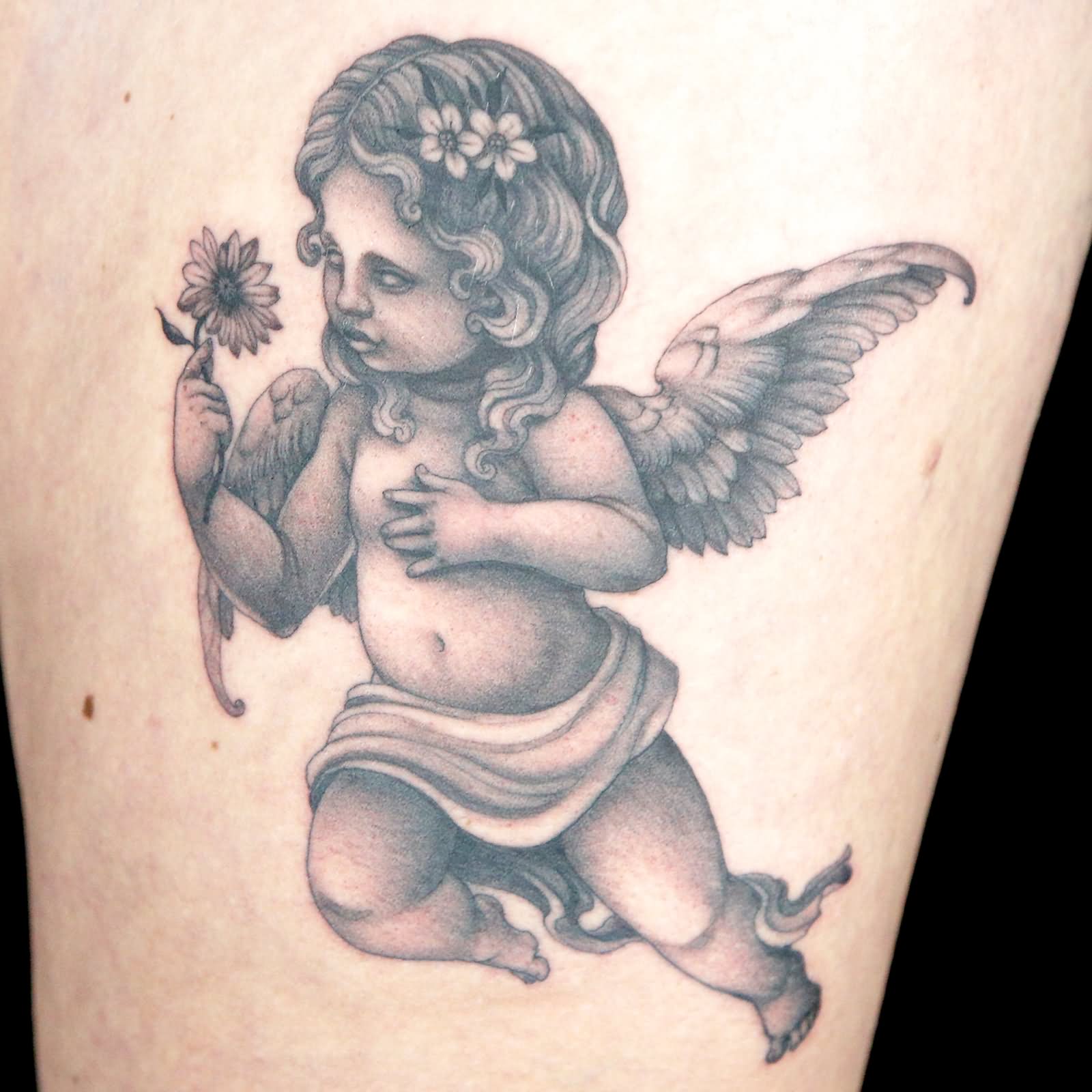 Cherub With Flower Tattoo By Erin Chance of Unkindness Art