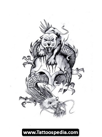 Chinese Tiger & Dragon With Skull Tattoo Design