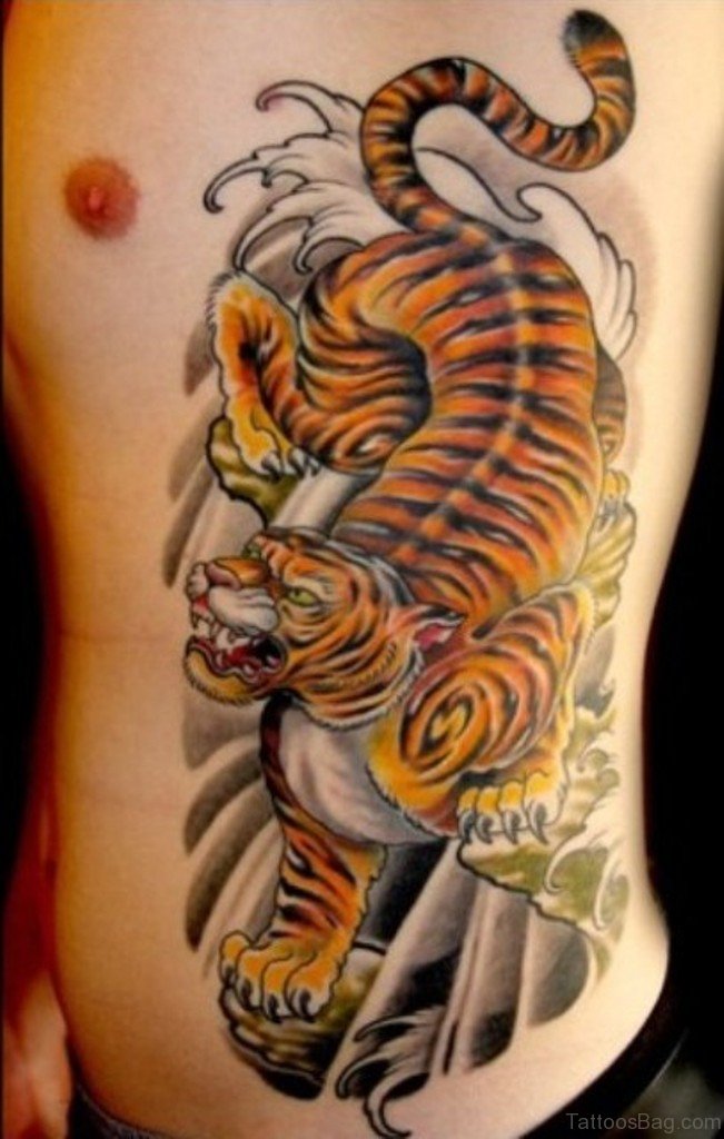 Colored Animated Tiger Tattoo On Siderib