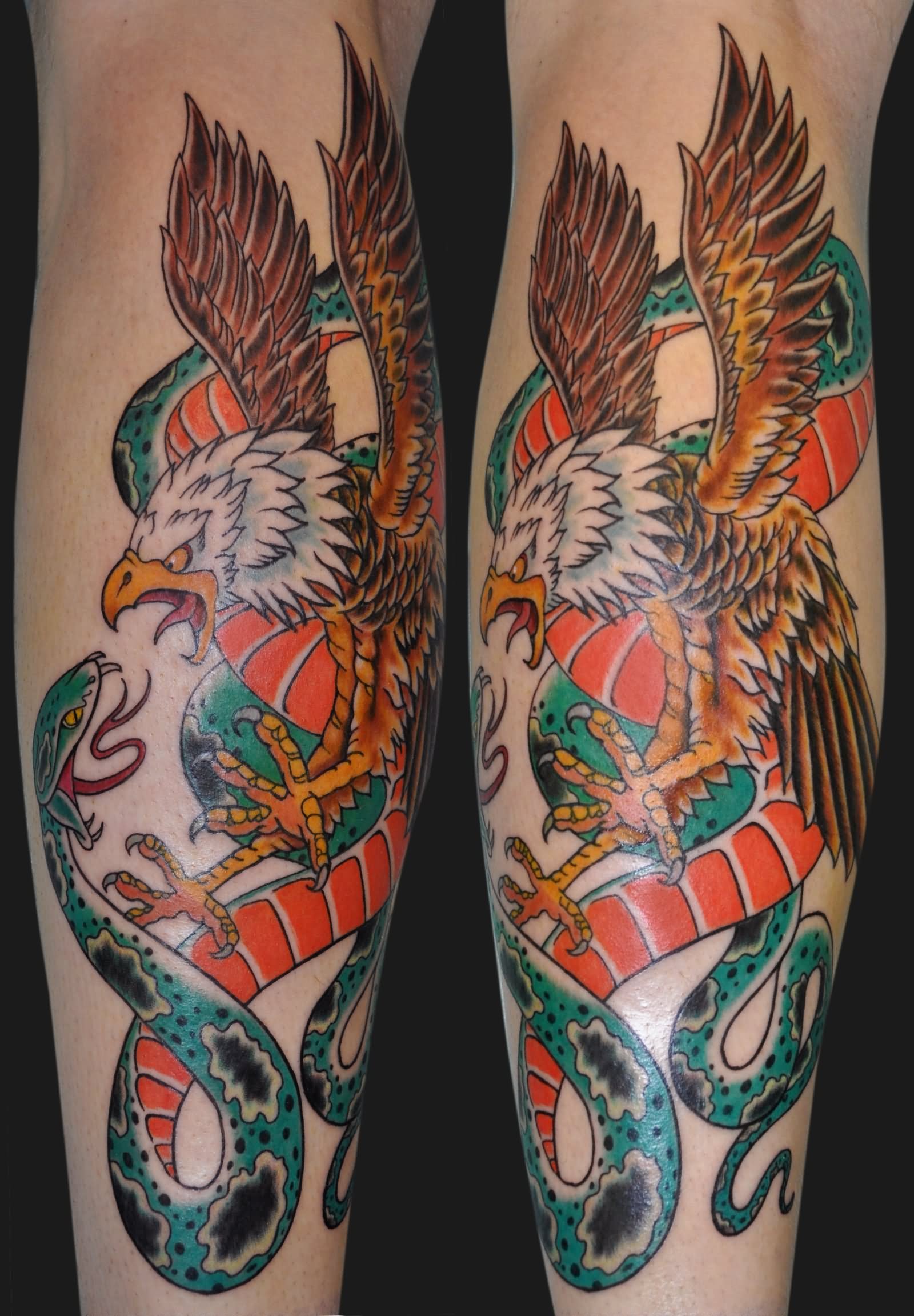 Colored Bald Eagle Vs. Snake Tattoo On Forearm