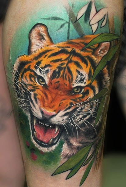 Colored Roaring Tiger In Jungle Tattoo On Half Sleeve