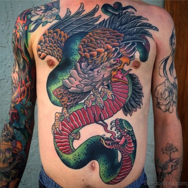 Colored Snake With Eagle Tattoo On Male Full Front Body